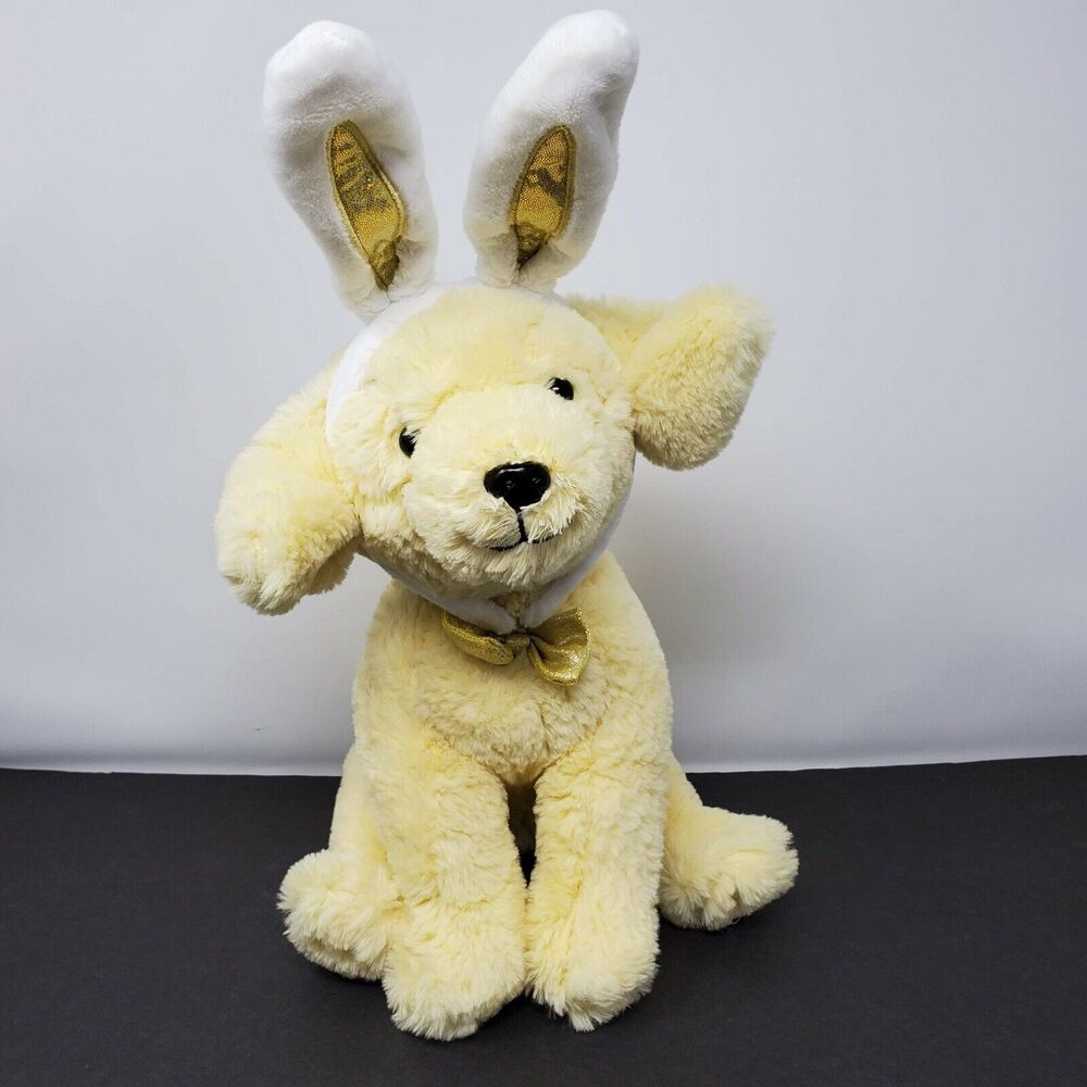 FAO Schwarz Stuffed Animal Plush 16" Easter Yellow Puppy Dog Bunny Ears Headband
